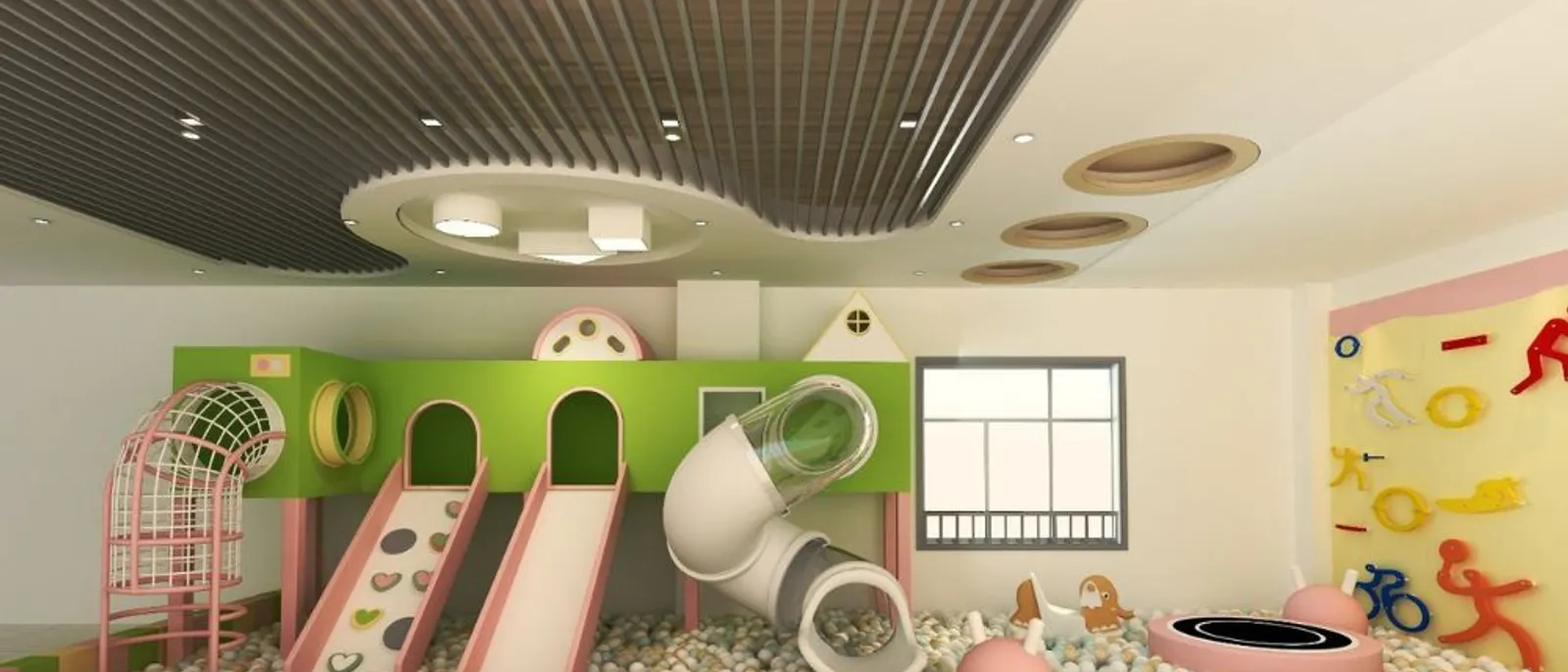 Loc de joacă modular interior cu tobogane, tuneluri și elemente în culori pastelate